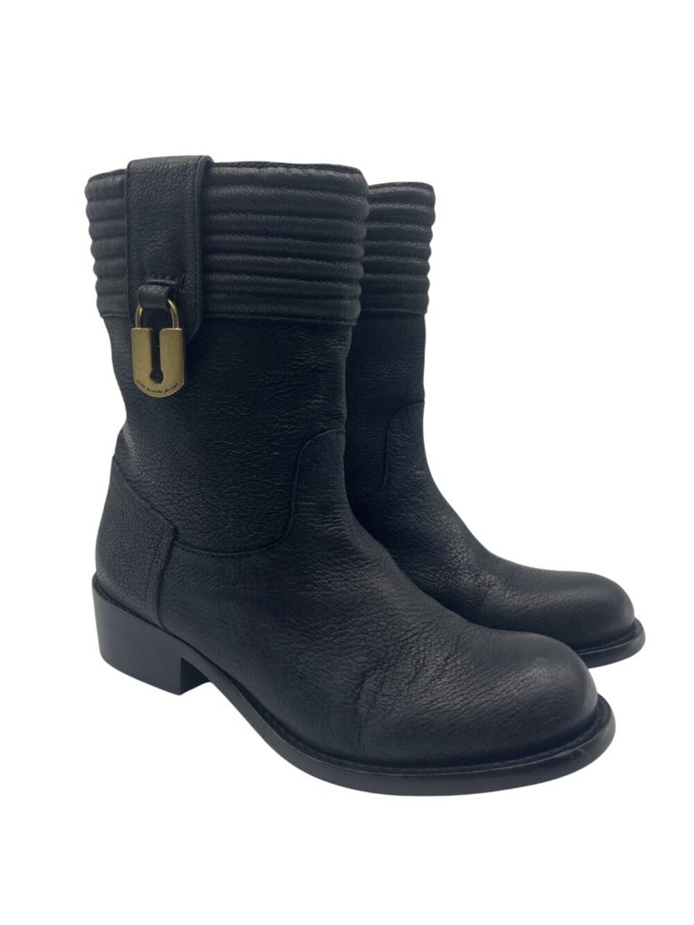 MARC JACOBS logo LOCK black leather biker riding FLAT ANKLE BOOTS Size 8